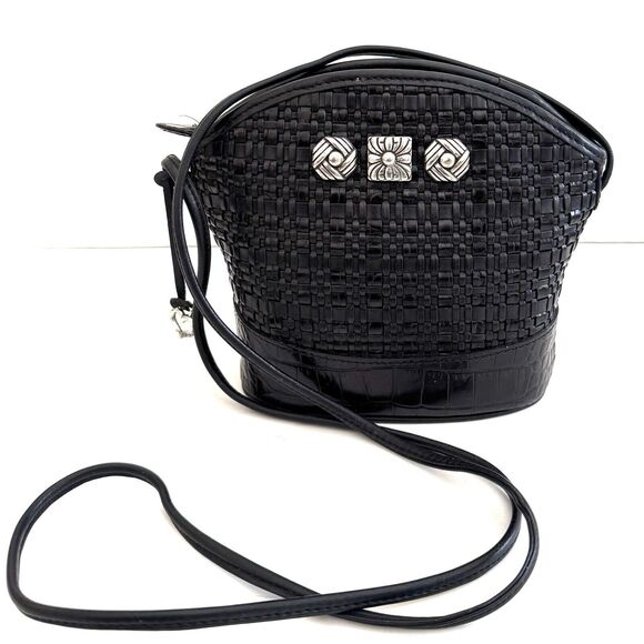 BRIGHTON Small Leather Woven Silver Hardware & Charm Crossbody Bag Black *Flaw - Picture 1 of 15